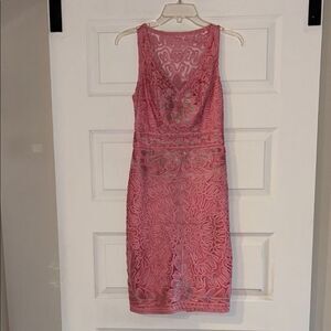 Sue Wong Pink & Silver Lace Embellished Sheath Cocktail Dress
